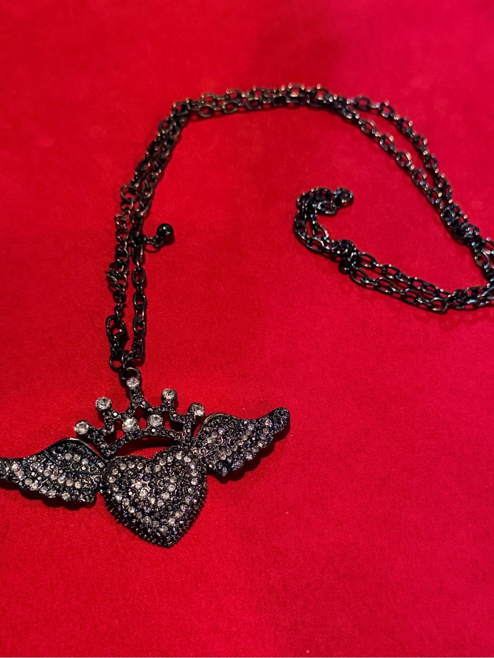 Black Winged Heart Pendant Necklace with Crown and Crystals
